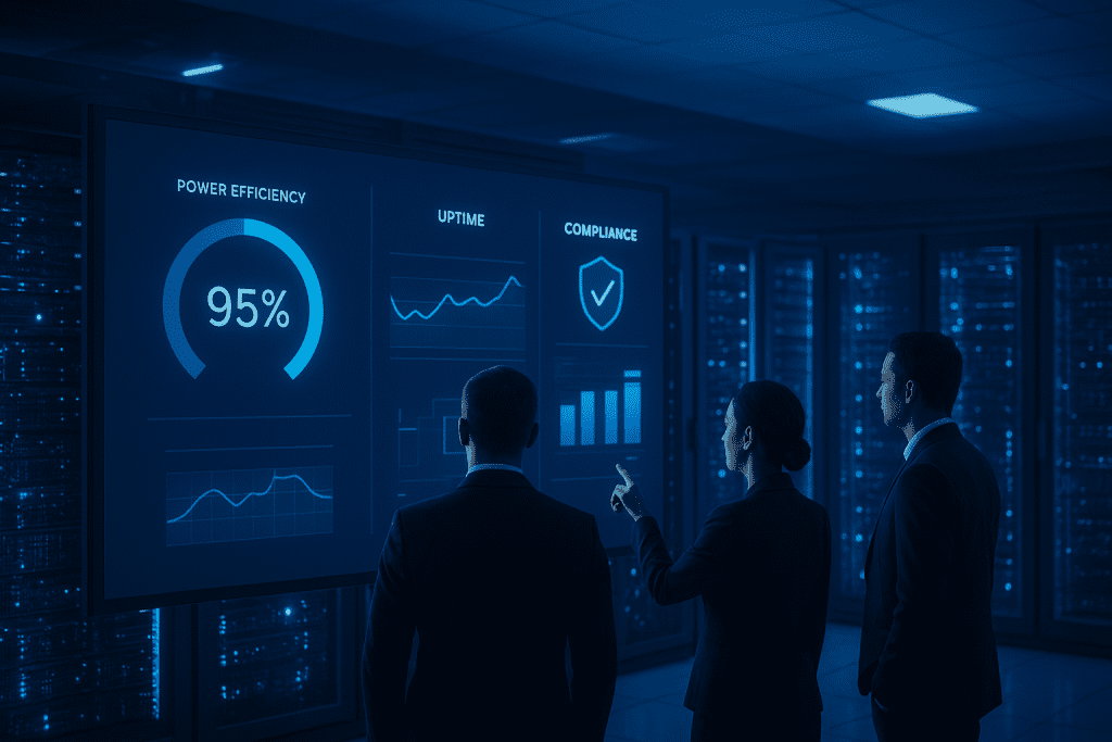 Enterprise-grade data center interior with futuristic server racks illuminated in cool blue tones, IT professionals reviewing dashboards on an interactive wall screen, and digital overlays showing uptime and compliance metrics.