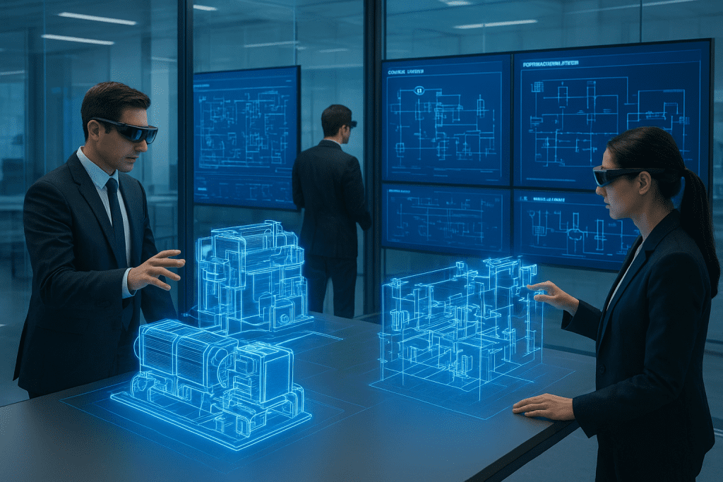 Futuristic design studio with glass walls where engineers in formal attire and AR glasses interact with holographic models of cooling systems and power layouts, surrounded by high-resolution displays showing infrastructure schematics.