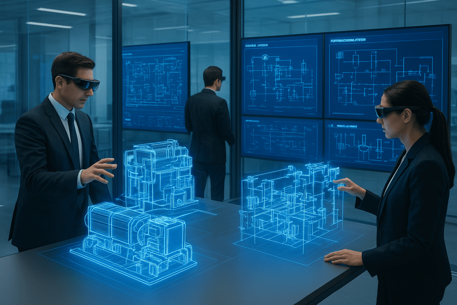 Futuristic design studio with glass walls where engineers in formal attire and AR glasses interact with holographic models of cooling systems and power layouts, surrounded by high-resolution displays showing infrastructure schematics.