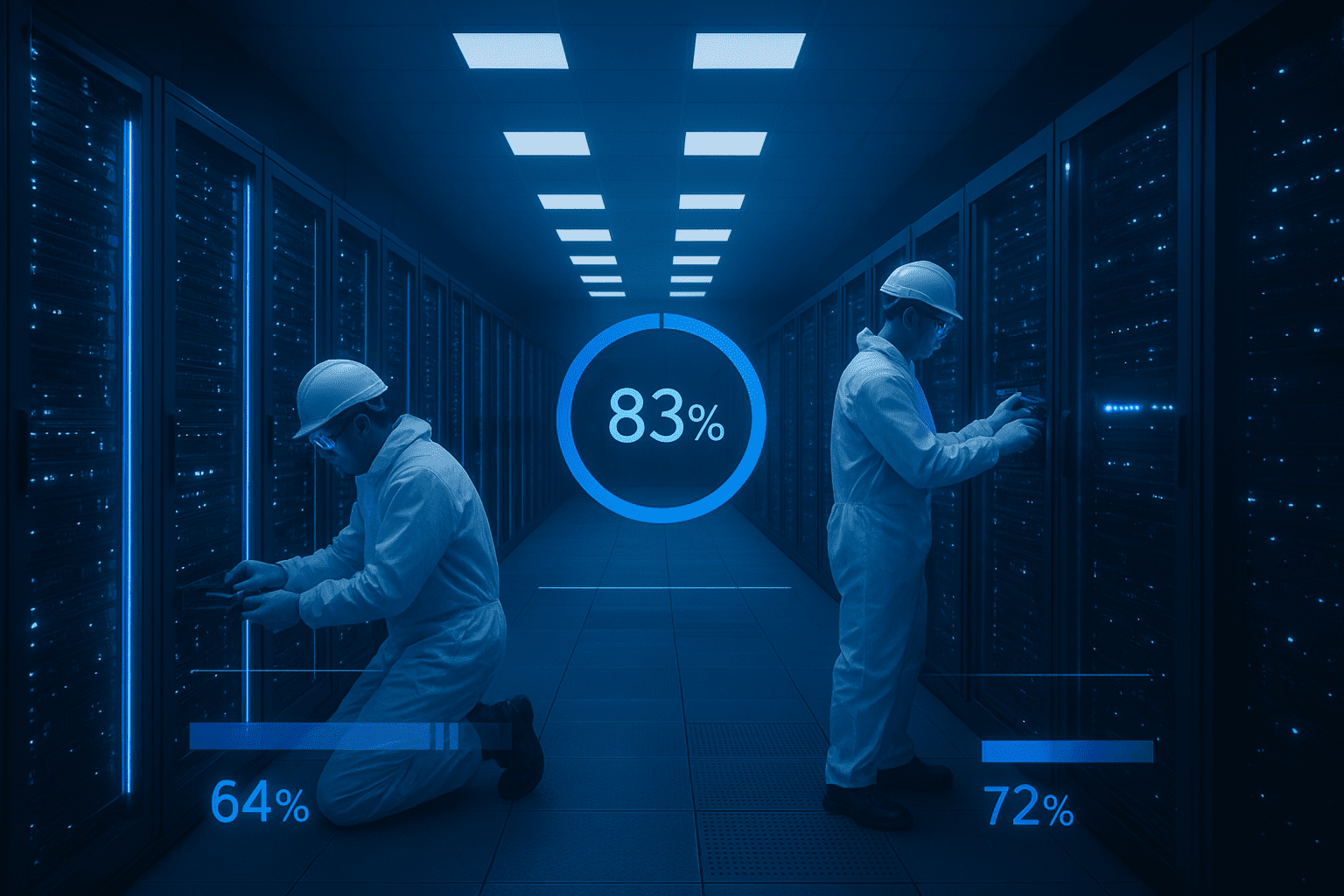 a man in white hardhats and white helmets working in a server room