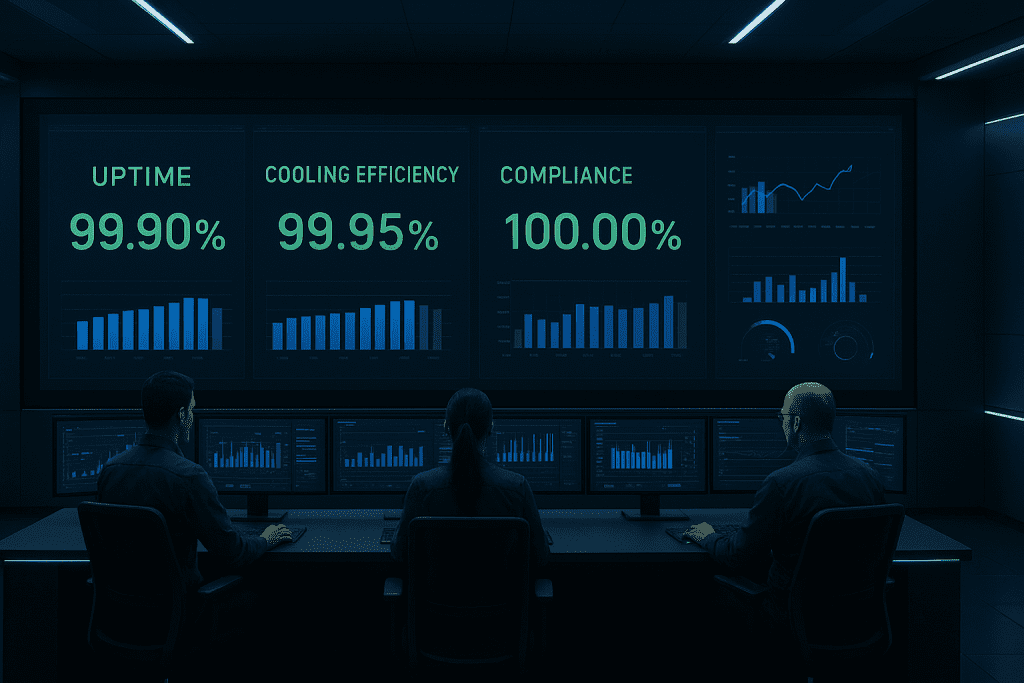 Futuristic command center with engineers at sleek consoles monitoring real-time performance dashboards on an ultra-wide display wall. Metrics like uptime, cooling efficiency, and compliance are highlighted in green, with subtle branding accents (#0738A1, #4490FF) on UI panels and graphs, conveying a modern, mission-critical enterprise environment.