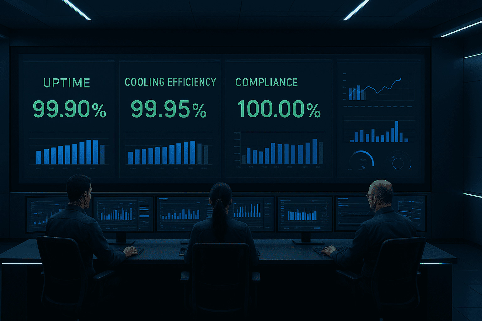 Futuristic command center with engineers at sleek consoles monitoring real-time performance dashboards on an ultra-wide display wall. Metrics like uptime, cooling efficiency, and compliance are highlighted in green, with subtle branding accents (#0738A1, #4490FF) on UI panels and graphs, conveying a modern, mission-critical enterprise environment.